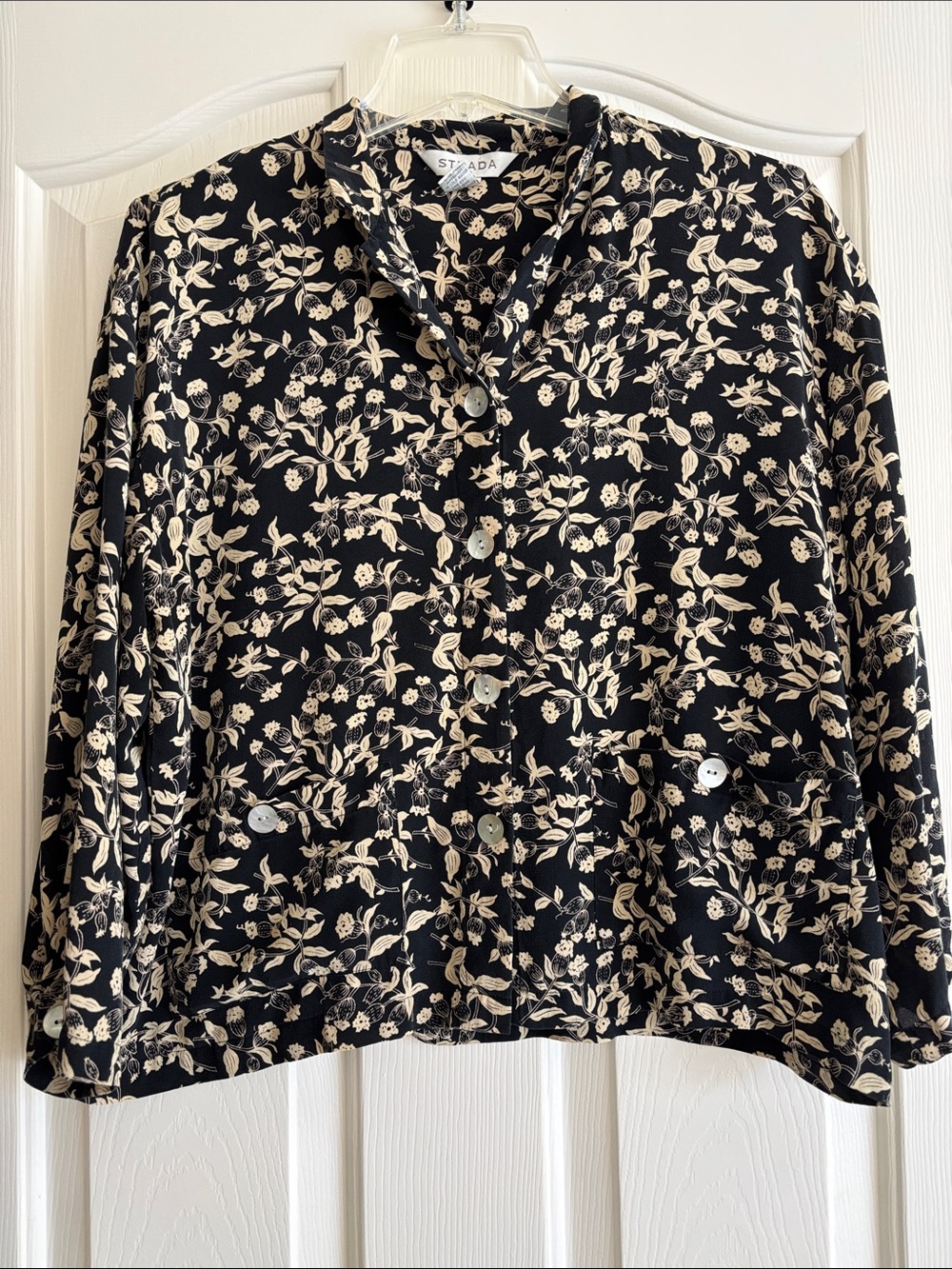 STRADA  Black and Cream Floral Button-Down Shirt . 100% Silk
